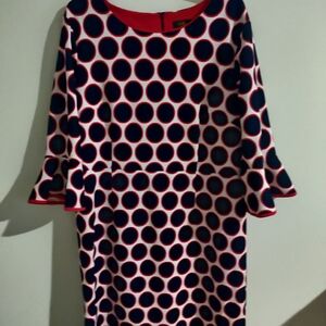 Chic Black, Red and White Circle Pattern 3/4 Sleeve Dress